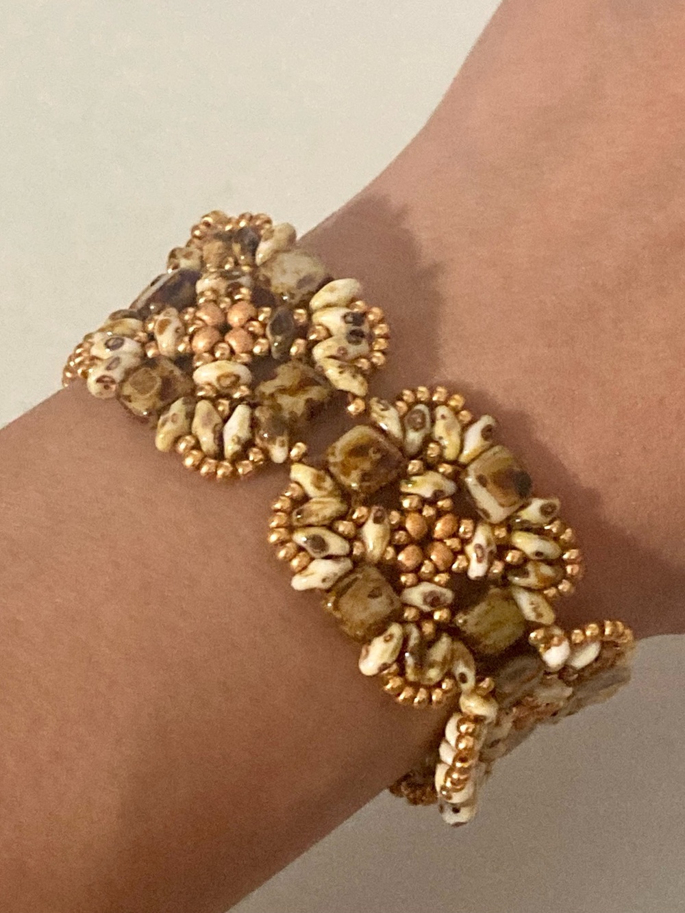 Handcrafted Gold and Cream  tone Beaded preloved Bracelet boho jewelry